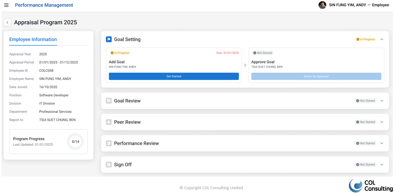 COL Performance Management System screenshot